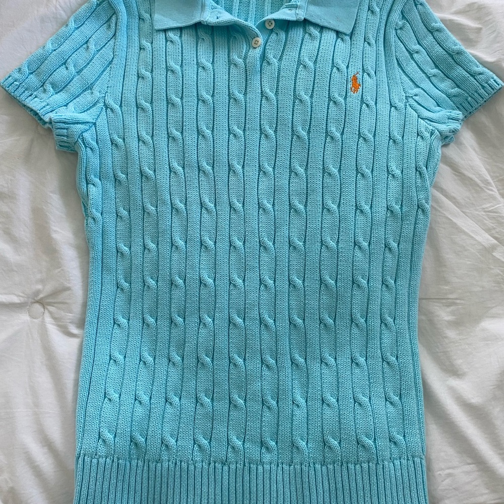 Ralph Lauren aqua slim fit cable knit short sleeve sweater. The color is aqua.